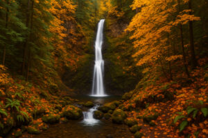 Secluded cascade flowing through mossy rocks and forest greenery, one of the hidden waterfalls near Port Ludlow, Washington.