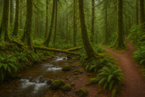 Scenic forest path with sunlight filtering through tall evergreens along hiking trails near Port Ludlow, Washington.