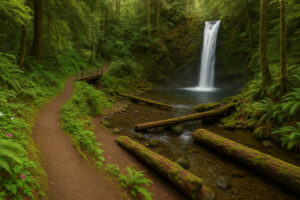 Scenic forest path with sunlight filtering through tall evergreens along hiking trails near Port Ludlow, Washington.
