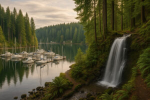 Scenic forest path with sunlight filtering through tall evergreens along hiking trails near Port Ludlow, Washington.