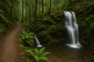 Scenic forest path with sunlight filtering through tall evergreens along hiking trails near Port Ludlow, Washington.