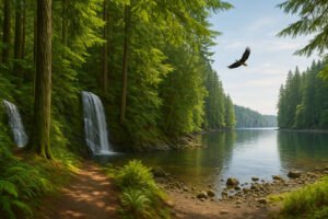 Scenic forest path with sunlight filtering through tall evergreens along hiking trails near Port Ludlow, Washington.