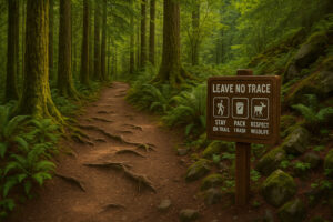 Scenic forest path with sunlight filtering through tall evergreens along hiking trails near Port Ludlow, Washington.