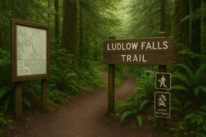 Scenic forest path with sunlight filtering through tall evergreens along hiking trails near Port Ludlow, Washington.