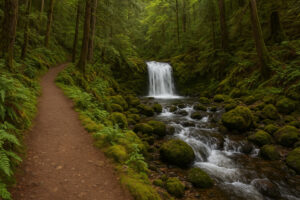 Scenic forest path with sunlight filtering through tall evergreens along hiking trails near Port Ludlow, Washington.