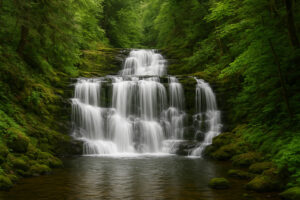 Scenic forest path with sunlight filtering through tall evergreens along hiking trails near Port Ludlow, Washington.