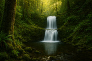 Scenic forest path with sunlight filtering through tall evergreens along hiking trails near Port Ludlow, Washington.