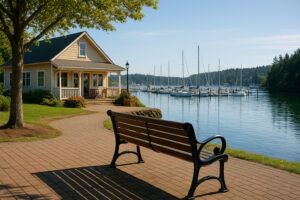 Scenic forest path with sunlight filtering through tall evergreens along hiking trails near Port Ludlow, Washington.