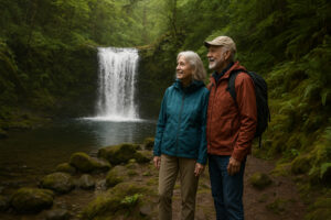 Scenic forest path with sunlight filtering through tall evergreens along hiking trails near Port Ludlow, Washington.