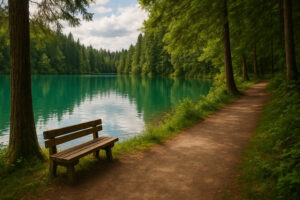 Scenic forest path with sunlight filtering through tall evergreens along hiking trails near Port Ludlow, Washington.
