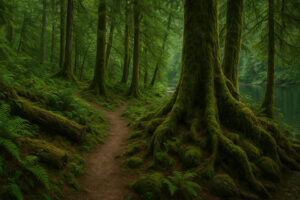 Scenic forest path with sunlight filtering through tall evergreens along hiking trails near Port Ludlow, Washington.