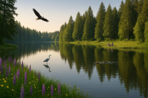 Scenic forest path with sunlight filtering through tall evergreens along hiking trails near Port Ludlow, Washington.