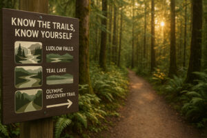 Scenic forest path with sunlight filtering through tall evergreens along hiking trails near Port Ludlow, Washington