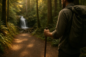 Scenic forest path with sunlight filtering through tall evergreens along hiking trails near Port Ludlow, Washington
