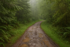 Scenic forest path with sunlight filtering through tall evergreens along hiking trails near Port Ludlow, Washington