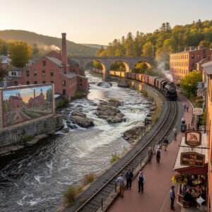 Scenic riverfront and historic downtown view of bellows falls vermont on a bright clear day