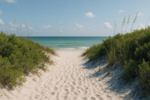Quiet shoreline with soft sand and clear water showing hidden beaches in Gulf Shores at sunset