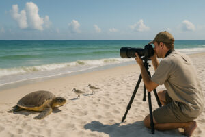 Quiet shoreline with soft sand and clear water showing hidden beaches in Gulf Shores at sunset