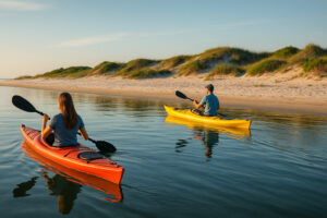 Quiet shoreline with soft sand and clear water showing hidden beaches in Gulf Shores at sunset