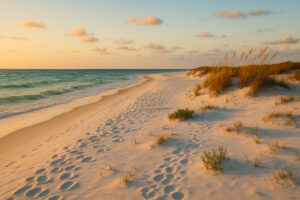 Quiet shoreline with soft sand and clear water showing hidden beaches in Gulf Shores at sunset