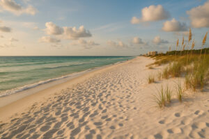 Quiet shoreline with soft sand and clear water showing hidden beaches in Gulf Shores at sunset