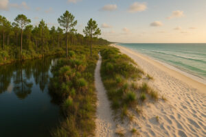 Quiet shoreline with soft sand and clear water showing hidden beaches in Gulf Shores at sunset