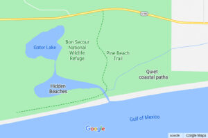 Quiet shoreline with soft sand and clear water showing hidden beaches in Gulf Shores at sunset