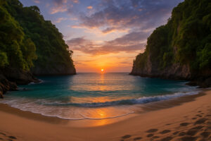 Quiet shoreline with soft sand and clear water showing hidden beaches in Gulf Shores at sunset