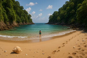 Quiet shoreline with soft sand and clear water showing hidden beaches in Gulf Shores at sunset