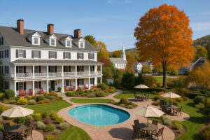 Elegant exterior view of Woodstock Inn and Resort with landscaped gardens and classic Vermont architecture