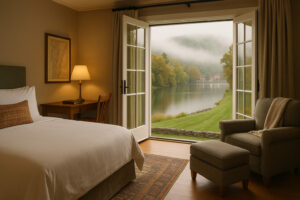 Elegant exterior view of Woodstock Inn and Resort with landscaped gardens and classic Vermont architecture