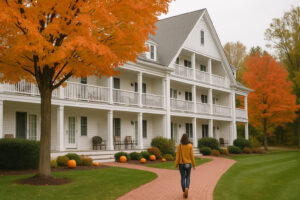 Elegant exterior view of Woodstock Inn and Resort with landscaped gardens and classic Vermont architecture