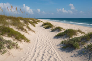 Secluded white sand shoreline and calm turquoise water showing Hidden Gulf Shores Beaches at sunset