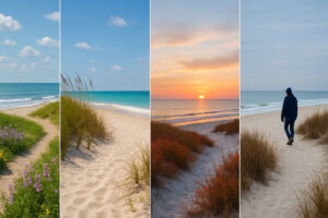 Secluded white sand shoreline and calm turquoise water showing Hidden Gulf Shores Beaches at sunset