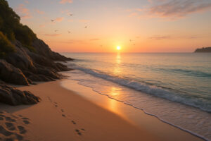 Secluded white sand shoreline and calm turquoise water showing Hidden Gulf Shores Beaches at sunset