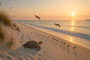 Secluded white sand shoreline and calm turquoise water showing Hidden Gulf Shores Beaches at sunset