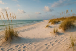 Secluded white sand shoreline and calm turquoise water showing Hidden Gulf Shores Beaches at sunset