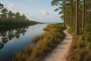 Secluded white sand shoreline and calm turquoise water showing Hidden Gulf Shores Beaches at sunset