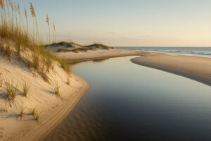 Secluded white sand shoreline and calm turquoise water showing Hidden Gulf Shores Beaches at sunset