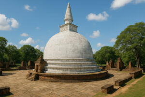 Sacred white stupa surrounded by ancient ruins at Kiri Vehera Polonnaruwa under a clear blue sky