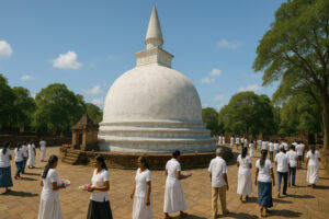 Sacred white stupa surrounded by ancient ruins at Kiri Vehera Polonnaruwa under a clear blue sky