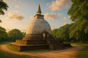 Sacred white stupa surrounded by ancient ruins at Kiri Vehera Polonnaruwa under a clear blue sky