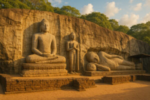 Sacred white stupa surrounded by ancient ruins at Kiri Vehera Polonnaruwa under a clear blue sky