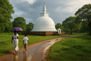 Sacred white stupa surrounded by ancient ruins at Kiri Vehera Polonnaruwa under a clear blue sky