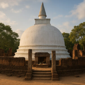 Sacred white stupa surrounded by ancient ruins at Kiri Vehera Polonnaruwa under a clear blue sky