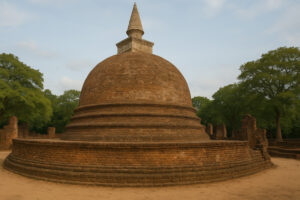 Sacred white stupa surrounded by ancient ruins at Kiri Vehera Polonnaruwa under a clear blue sky