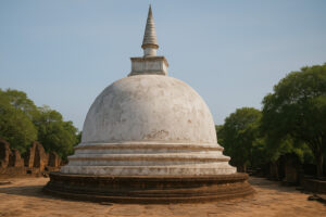 Sacred white stupa surrounded by ancient ruins at Kiri Vehera Polonnaruwa under a clear blue sky
