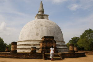 Sacred white stupa surrounded by ancient ruins at Kiri Vehera Polonnaruwa under a clear blue sky