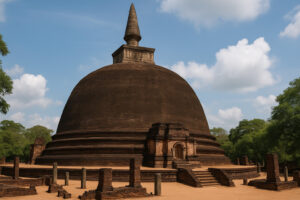 Sacred white stupa surrounded by ancient ruins at Kiri Vehera Polonnaruwa under a clear blue sky