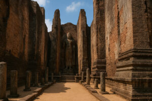 Sacred white stupa surrounded by ancient ruins at Kiri Vehera Polonnaruwa under a clear blue sky